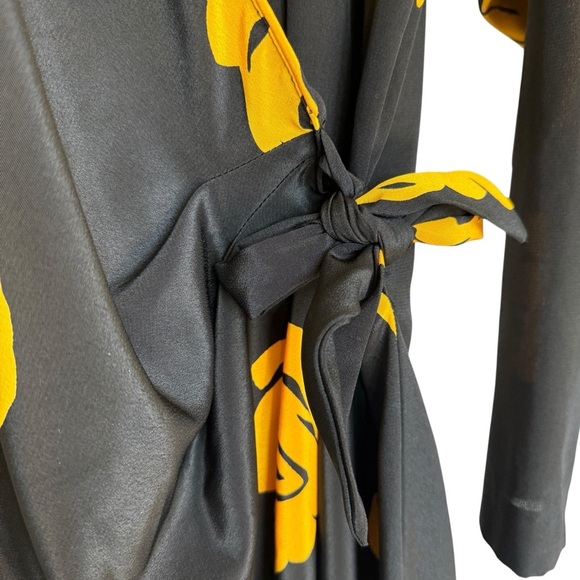 VINTAGE! 80’s-90’s Y2K VIRGO II Wrap Midi Dress M Black Yellow Floral Retro - Picture 4 of 8
